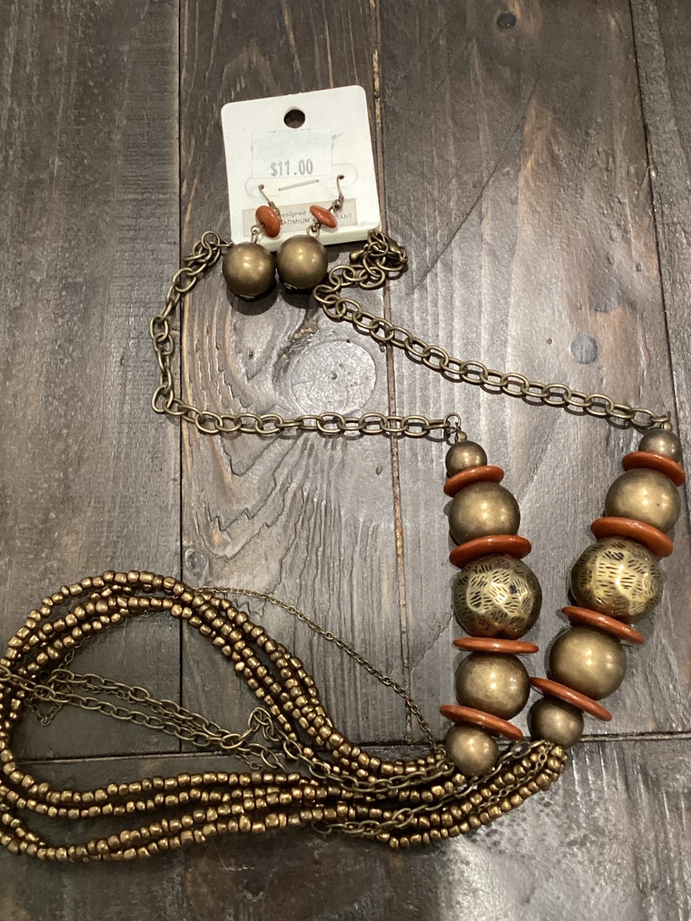 Statement Gold and‎ Rust Bead Multi-Strand Necklace and Earring Set